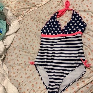 One Piece Swimming Suit Kids and Womens Pink Blue Polka Dots